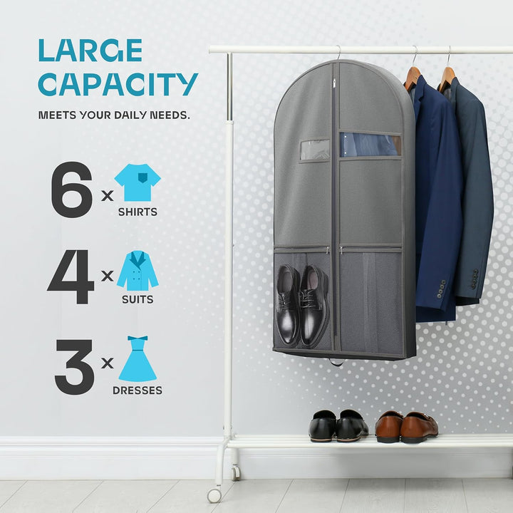 Protective clothing storage bag, wrinkle-free, clear window & accessory pockets.