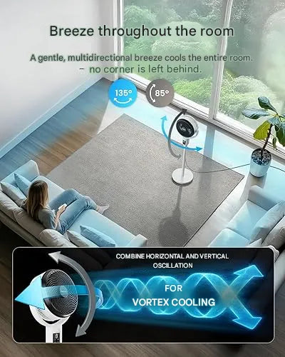 Quiet, remote-controlled pedestal fan with adjustable height, ensuring efficient home cooling & air circulation.