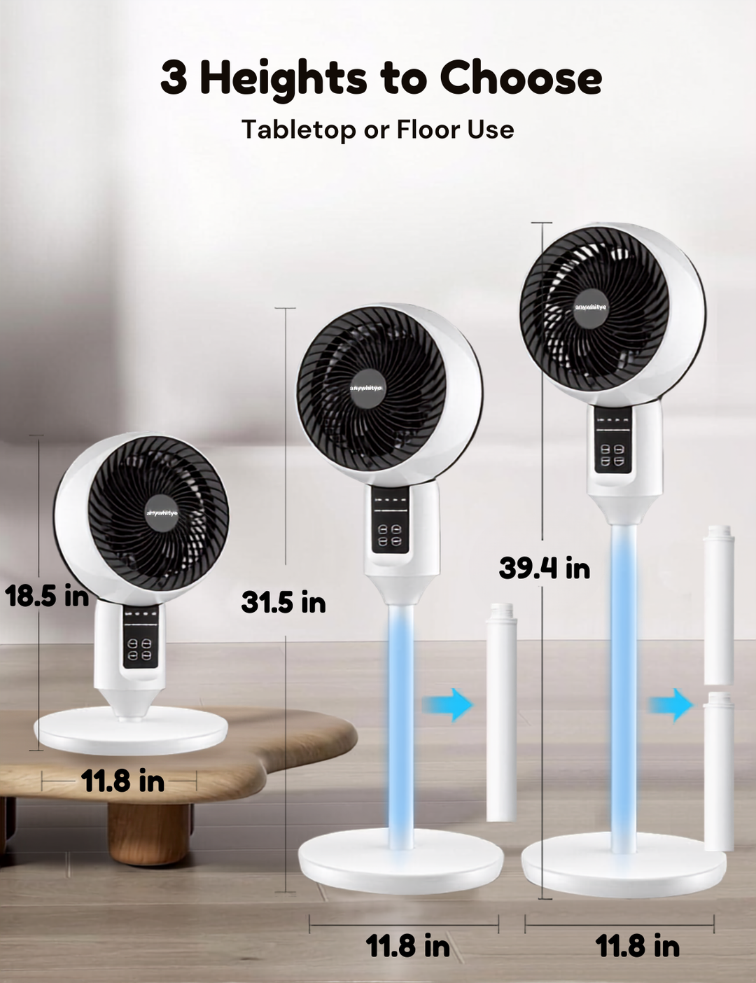 Versatile height-adjustable fan: quiet table & pedestal modes, oscillating for effective home air circulation.