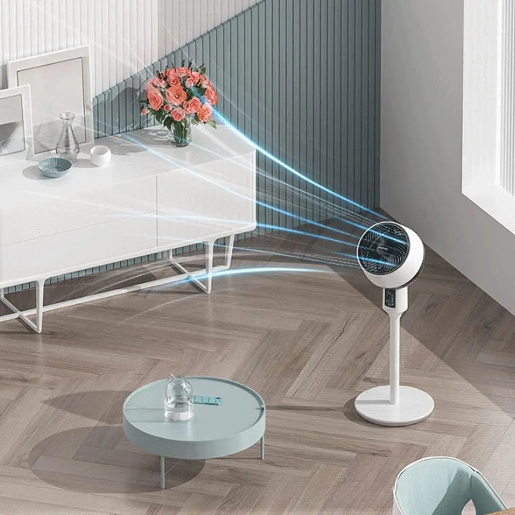 Modern height-adjustable fan with quiet operation & remote control, providing excellent home cooling & comfort.