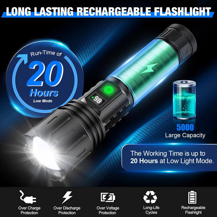 High-power 100,000 lumen LED flashlight, durable & water-resistant for outdoor, camping, & emergency use.