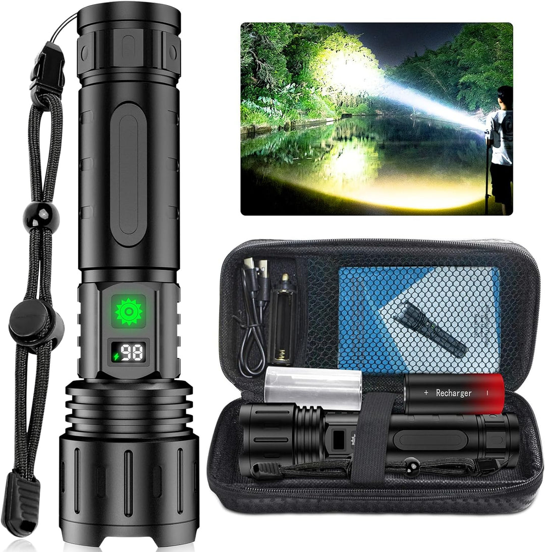 Bright 100,000 lumen rechargeable LED torch. Perfect for camping, emergencies, and general outdoor lighting.