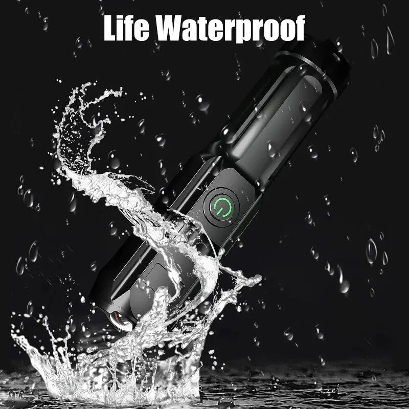 Sleek, portable 100,000 lumen LED flashlight, essential gear for emergency preparedness & outdoor activities.