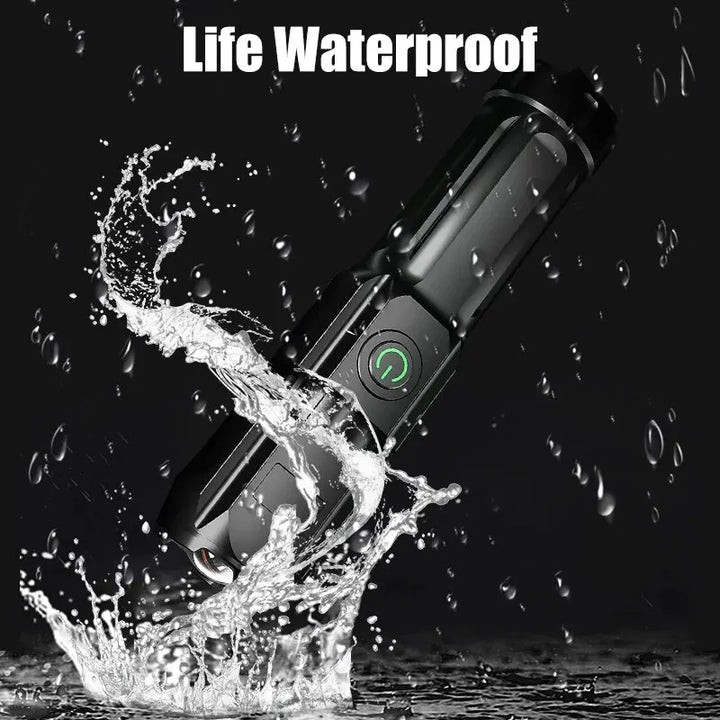 Sleek, portable 100,000 lumen LED flashlight, essential gear for emergency preparedness & outdoor activities.