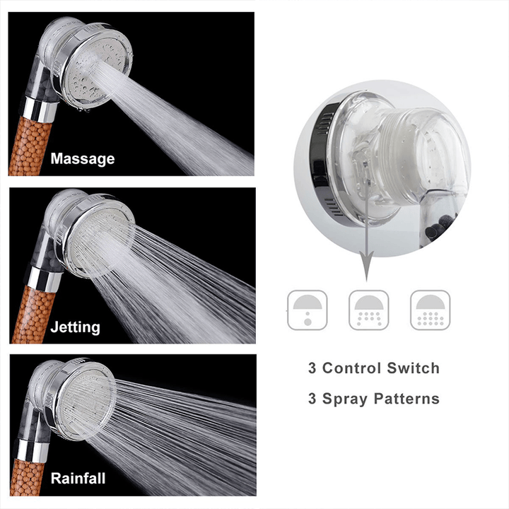 Chrome high-pressure shower head with visible ionic filter, perfect for a spa-quality home bath