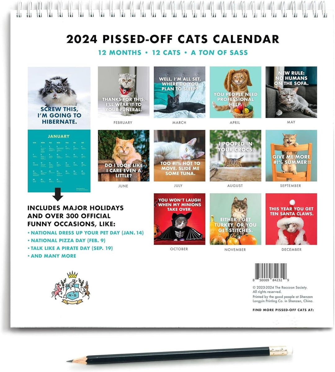 Stylish cat calendar for 2024-2025, a humorous gift with a unique cat design.