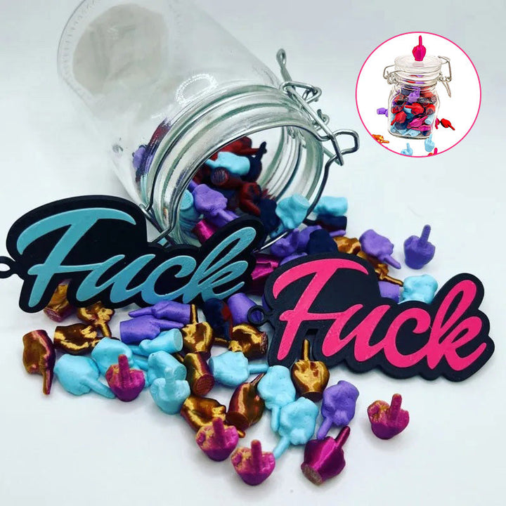 Unique humorous desktop accessory, small white middle finger sculptures playfully arranged in a jar.