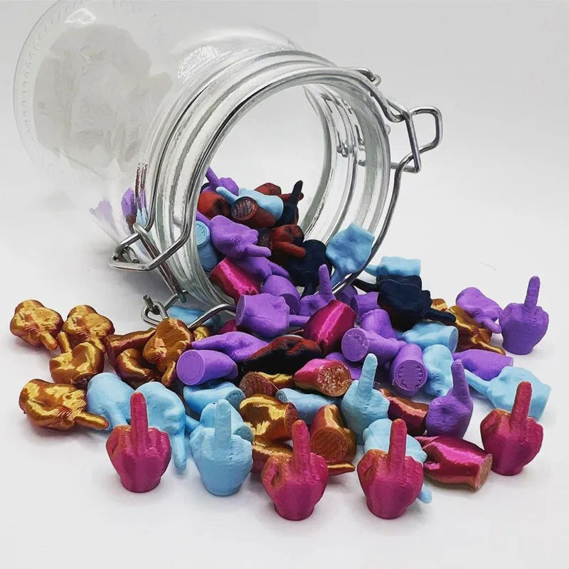 Gag gift for office. Desktop jar with many middle finger figures, humorous and iconic expression.