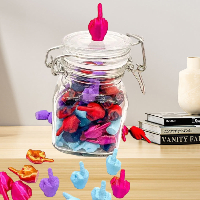 Quirky office decoration 'Jar of Middle Fingers' in a clear glass container, a unique conversation starter.