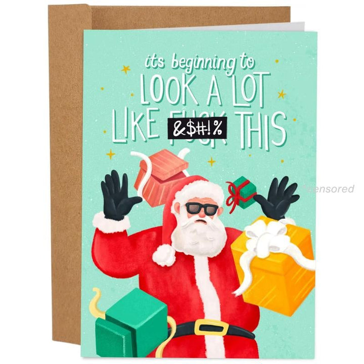 Assortment of novelty Christmas cards, featuring witty seasonal greetings on high-quality paper stock.