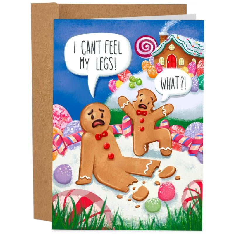 Open humorous Christmas card with a joke inside, demonstrating the playful tone of the gift cards set.