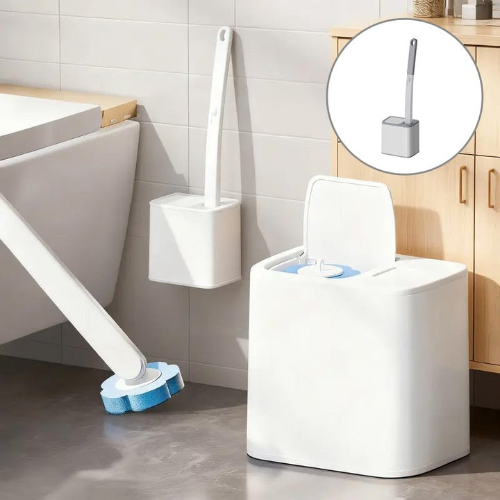 Hygienic disposable toilet brush with blue cleaning pads in a sleek holder