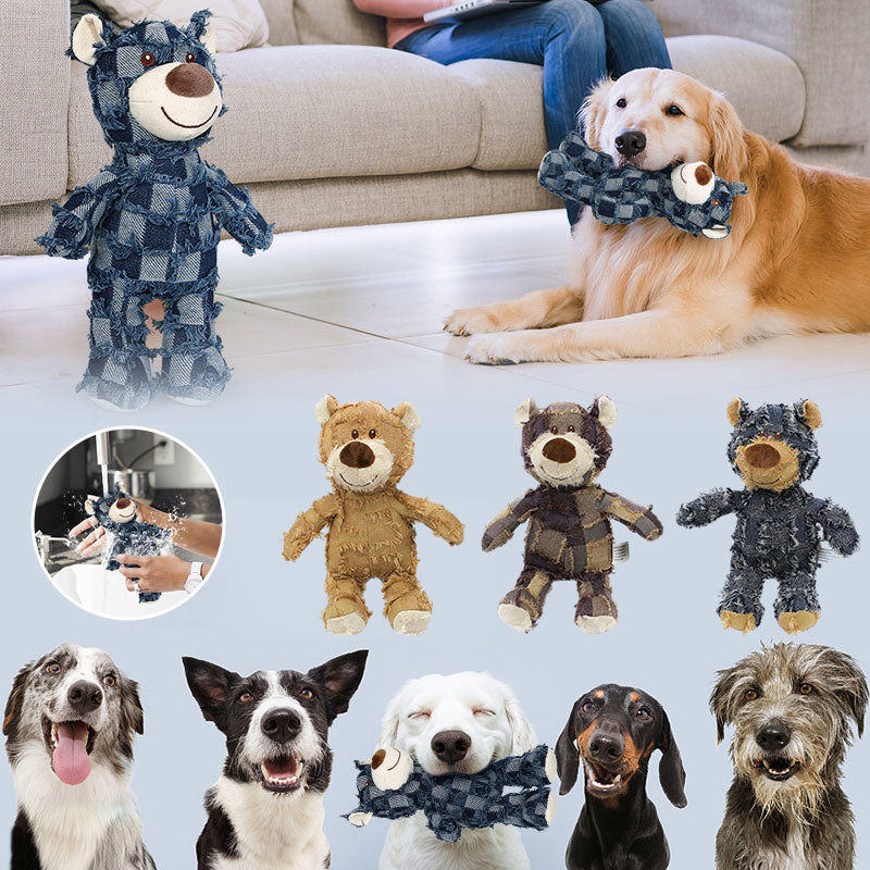 Indestructible plush bear dog toy, designed for aggressive chewers, promoting dental health.