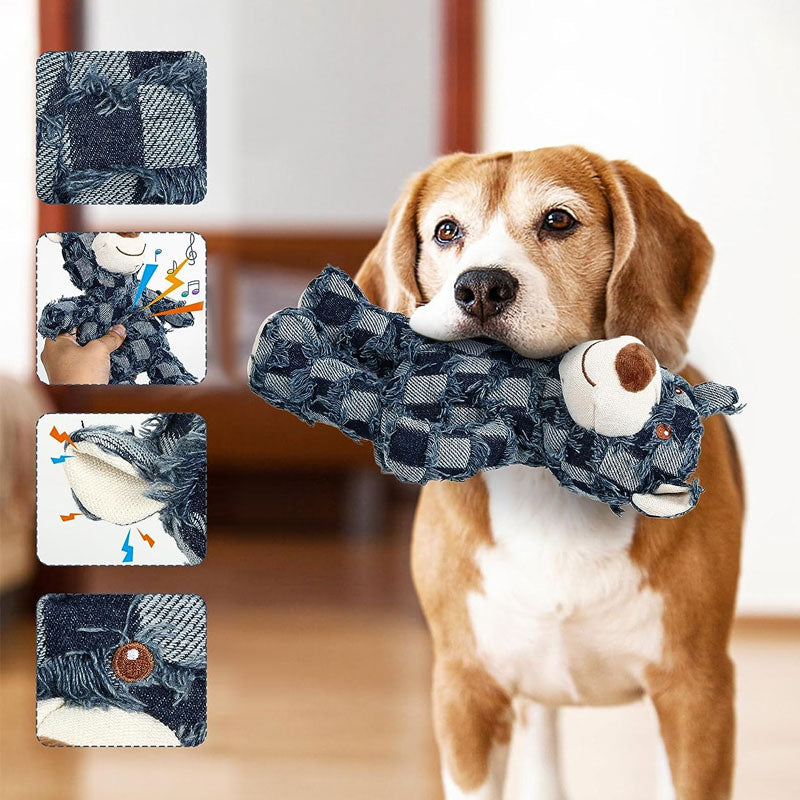 Plush bear dog toy, super tough for aggressive chewers, with built-in squeaker for engagement.
