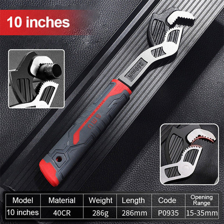 Detailed shot of the self-locking pipe wrench's jaw, engineered for maximum torque