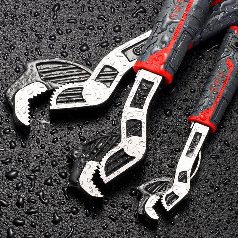 Close-up of self-locking pipe wrench teeth, showing strong grip for industrial tasks