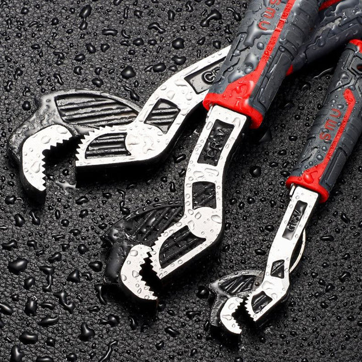 Close-up of self-locking pipe wrench teeth, showing strong grip for industrial tasks