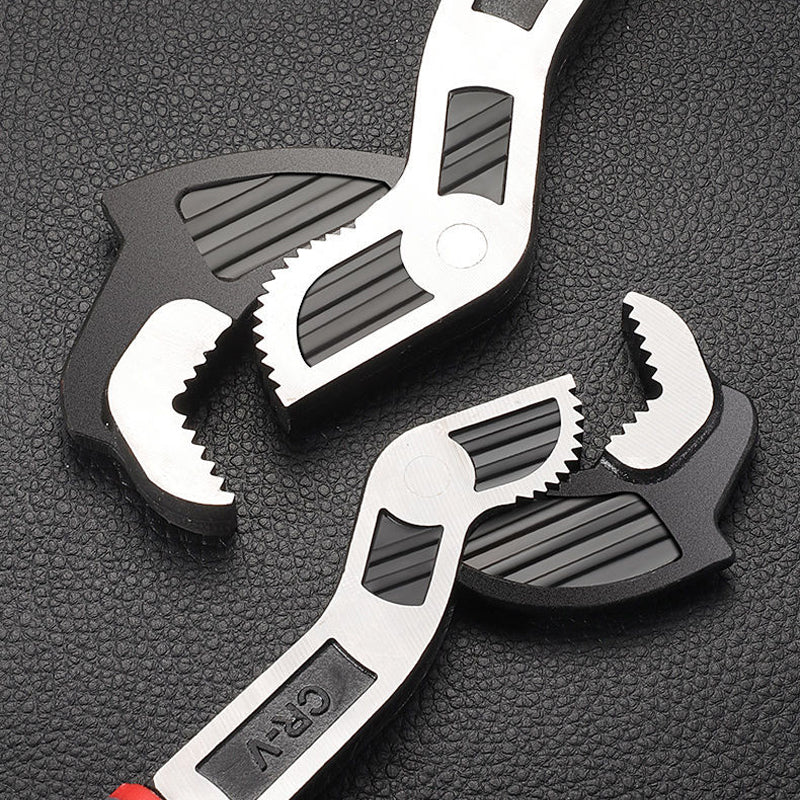 Self-locking pipe wrench gripping a metal pipe, demonstrating its secure hold for plumbing