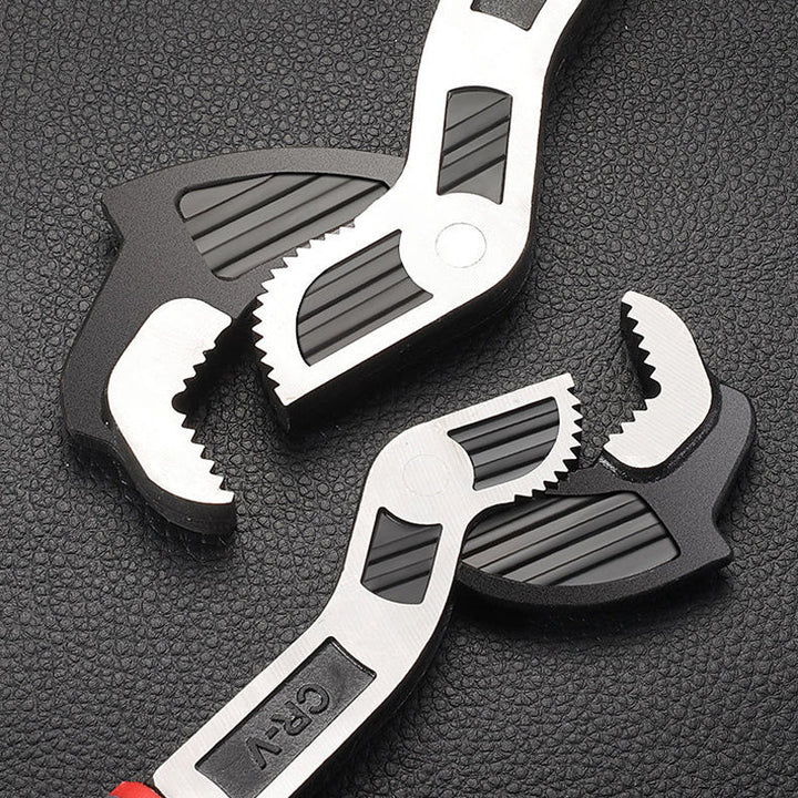 Self-locking pipe wrench gripping a metal pipe, demonstrating its secure hold for plumbing