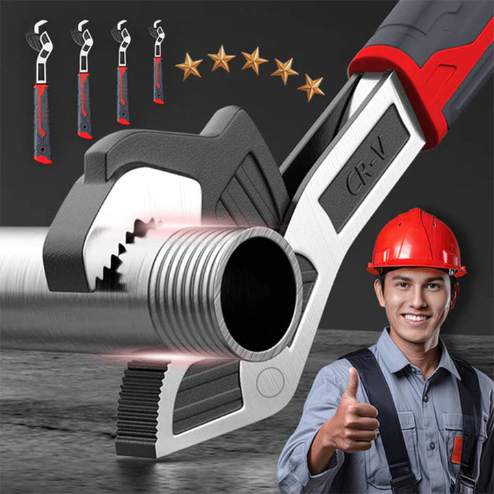 Angle view of a self-locking pipe wrench, highlighting its unique self-locking mechanism