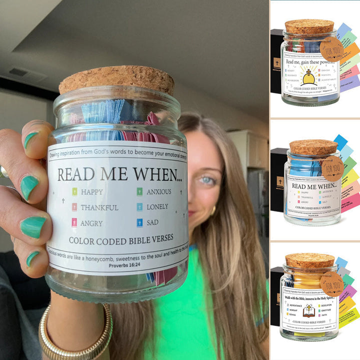 Hand placing rolled Bible verse into a decorative 'Hope Jar', promoting hope & stress relief.