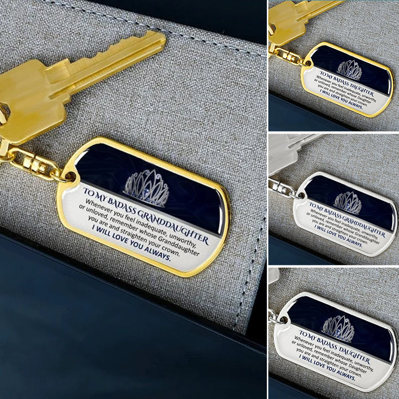 Round inspirational keepsake keychain for son, engraved 'Hero in Training' message