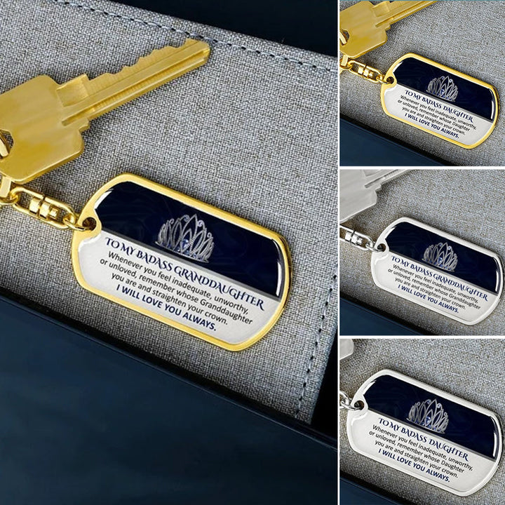 Round inspirational keepsake keychain for son, engraved 'Hero in Training' message