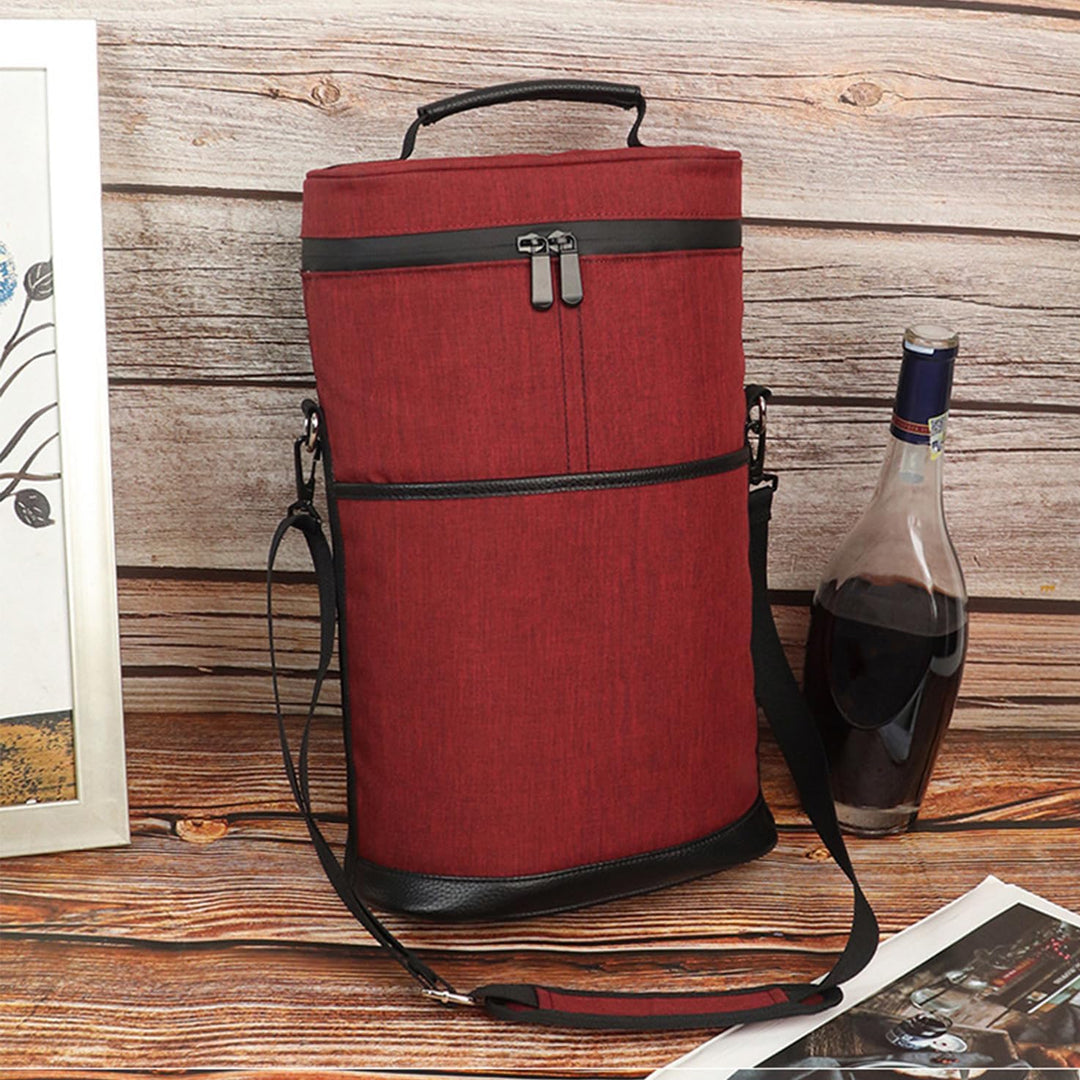 Insulated 2-bottle wine cooler tote bag for picnics & travel. Keep wine chilled. Durable bottle carrier.