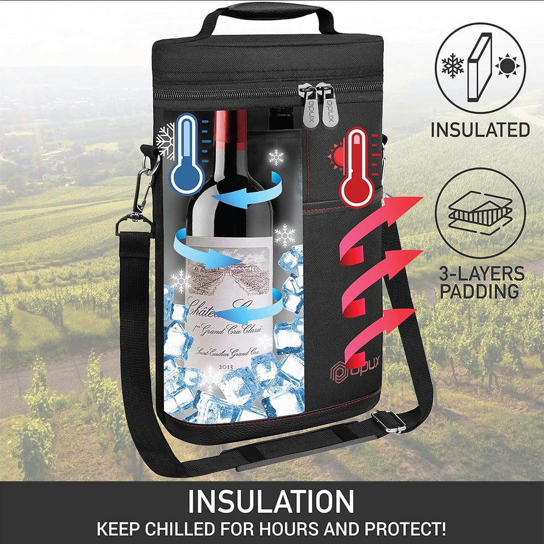 Person carrying an insulated 2-bottle wine cooler tote bag, ideal for picnics, travel, & chilled beverages.
