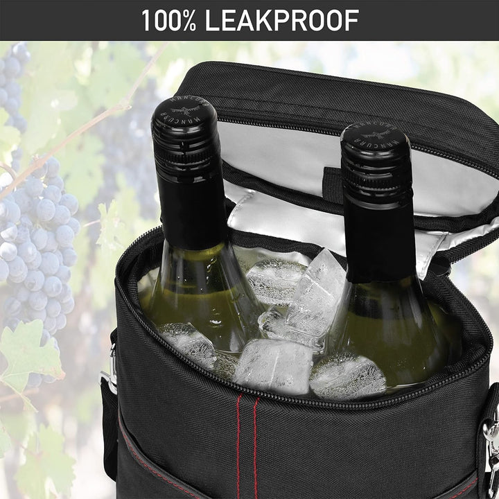 Two-bottle insulated wine cooler tote, great for wine enthusiasts taking beverages to picnics, parties, or travel.