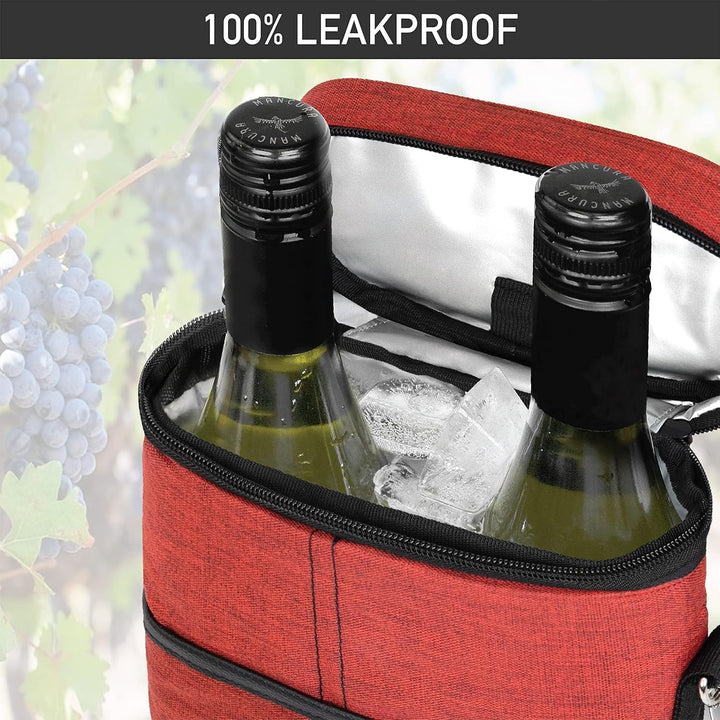 Insulated wine cooler tote bag, ready for a picnic, carrying two bottles of wine or other chilled beverages securely.