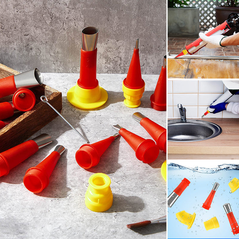 Integrated caulking nozzle tool kit for precise sealant application in home improvement and DIY.