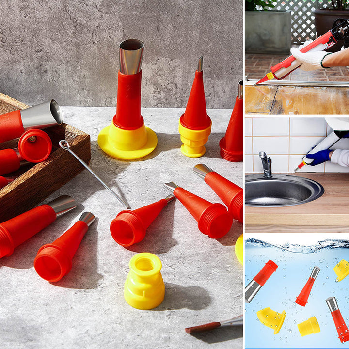 Integrated caulking nozzle tool kit for precise sealant application in home improvement and DIY.