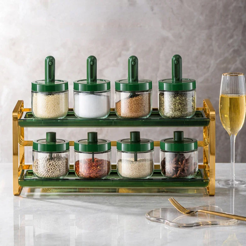 Kitchen organizer: glass seasoning bottle with integrated spoon for precise dispensing