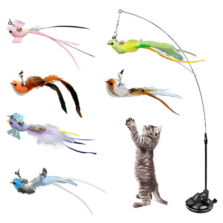 Interactive cat wand toy with a suction cup base and feathered bird design, stimulating feline play.