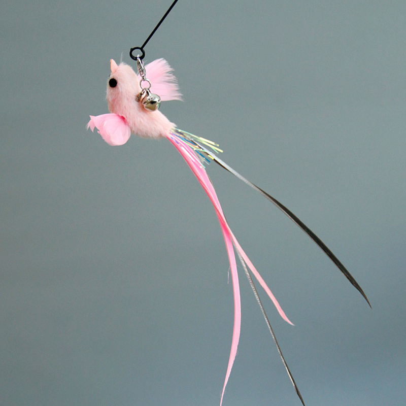 Interactive cat toy showcasing its durable feathered bird mimicry, attached to a flexible wand.