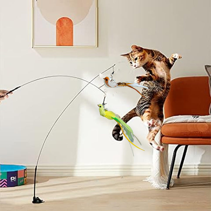 Flexible wand of the interactive cat toy, designed for dynamic movement with a feathered bird.