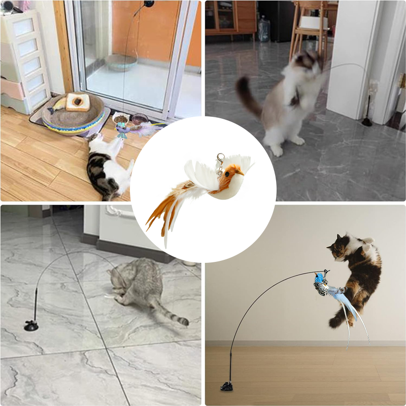 Full view of the interactive cat wand toy, highlighting its feathered bird and secure suction cup.