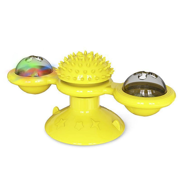 Catnip-infused Windmill Toy for cats, includes a suction base & soft grooming bristles
