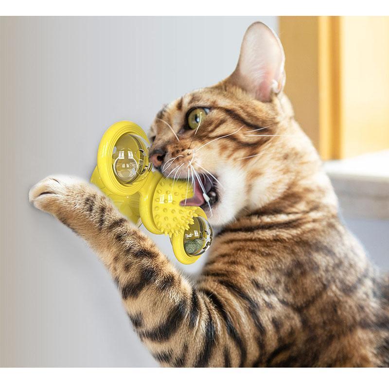 Anxiety relief cat toy: Windmill with embedded catnip & rotating paddles for engaging play