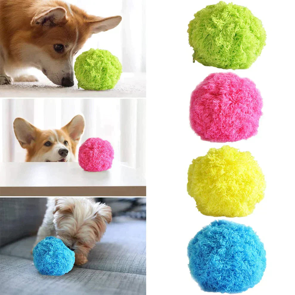 Interactive electric rolling ball pet toy with a soft, fuzzy plush cover, perfect for cats or small dogs.