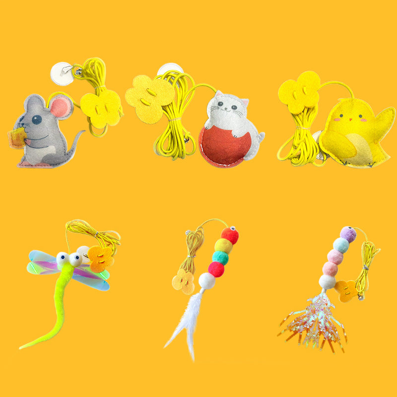 A collection of interactive hanging cat toys in different colors, essential pet supplies for feline fun