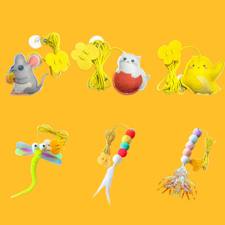 A collection of interactive hanging cat toys in different colors, essential pet supplies for feline fun