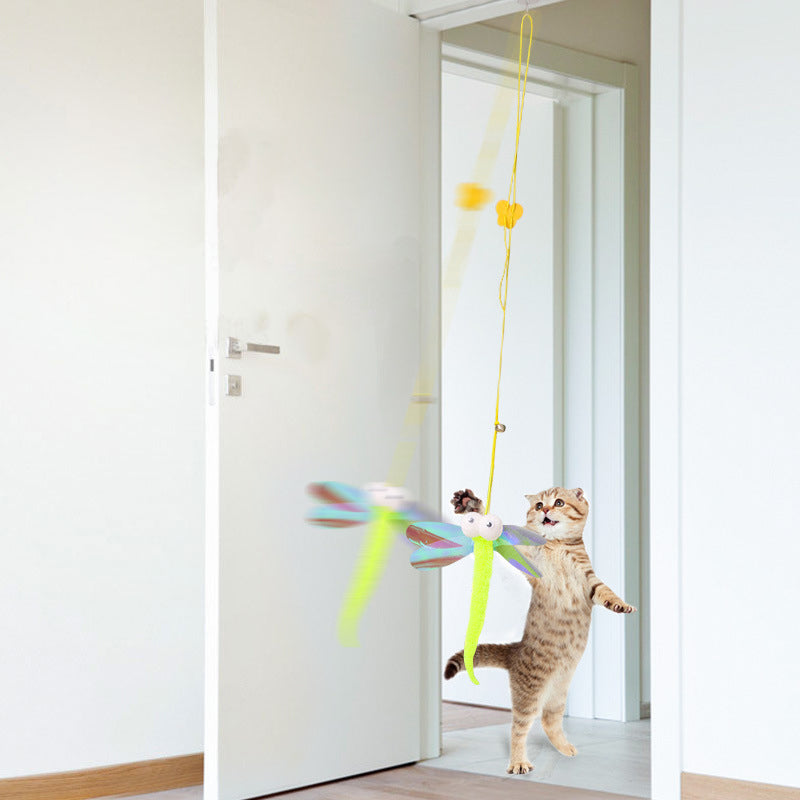 Cat batting and pouncing on an adjustable hanging cat toy, providing stress relief and enrichment