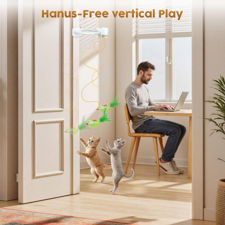 USB rechargeable interactive bird toy stimulating cat's natural hunting behaviors & mental agility.