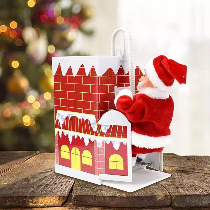 Close-up of Climbing Santa toy, detailed plush Santa, festive Christmas decoration