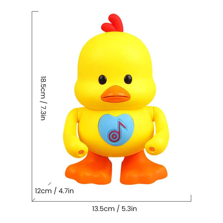 A smiling toddler reaching for the interactive dancing duck toy with lights.