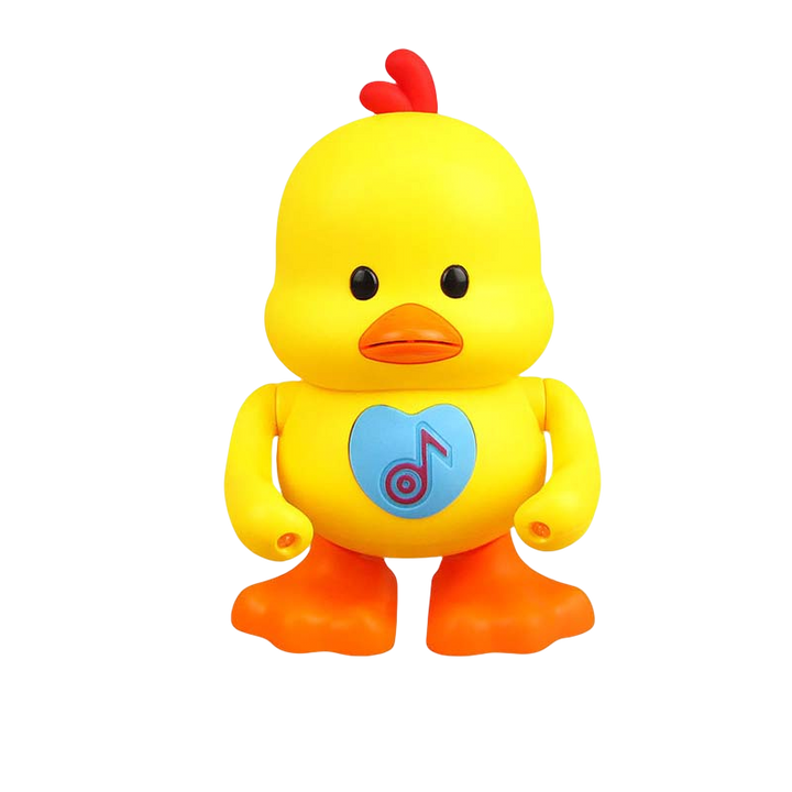 Top-down view of the musical dancing duck toy, displaying its cheerful design and lights.