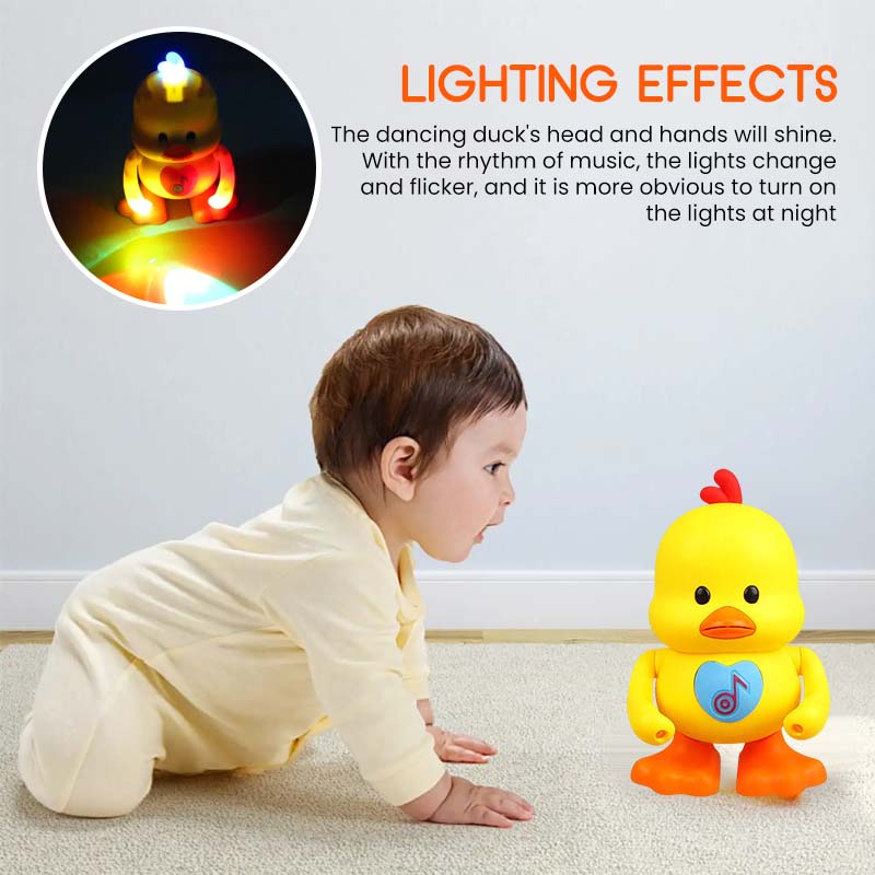 Close-up of a vibrant musical duck toy's face, displaying bright light-up features.