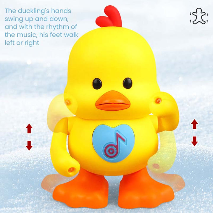 A child happily playing with the interactive dancing duck toy that lights up.